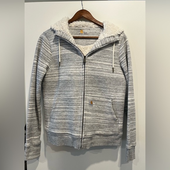 Grey Carhartt Zip Up Sweatshirt with Hood and Fuzzy Inside Size Small - Picture 1 of 4
